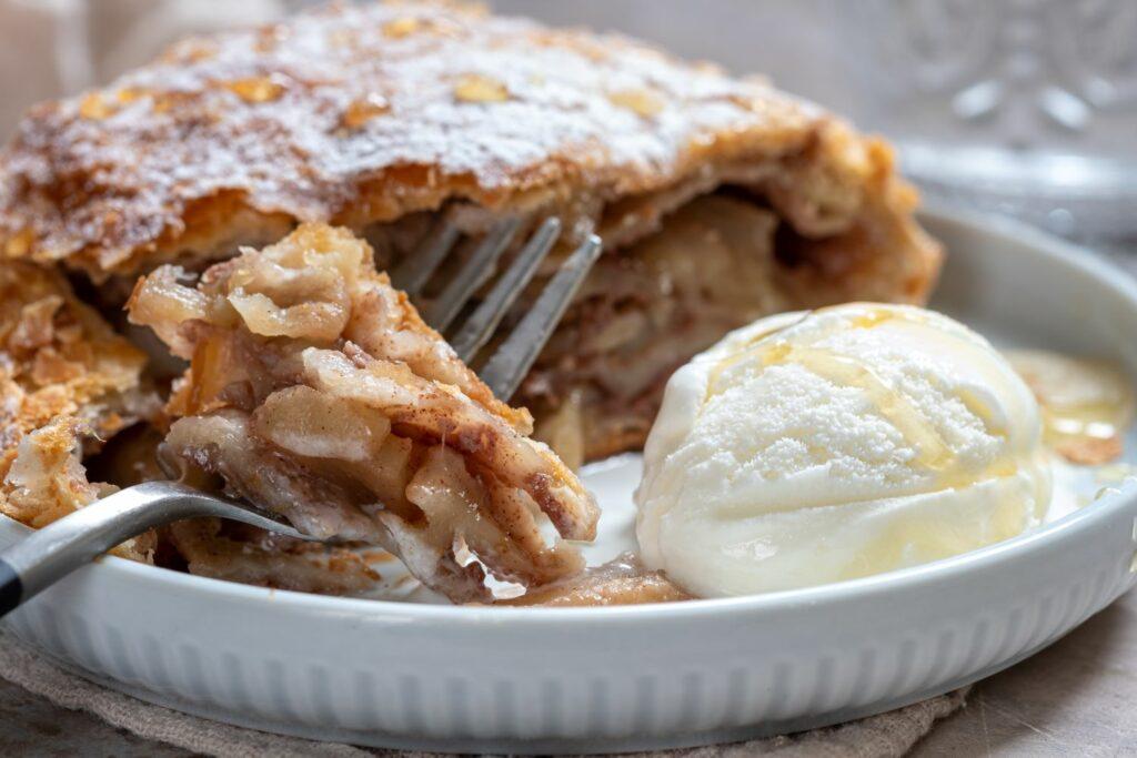 Apple strudel with vanilla ice cream