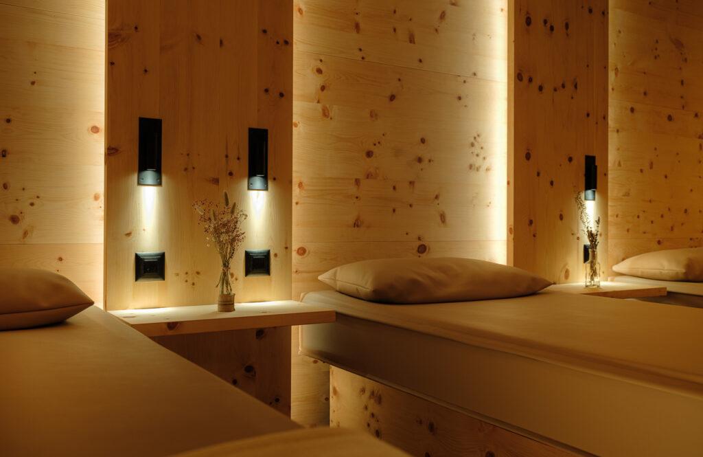 The relaxation room at the Hotel Bella Vista is made of Swiss stone pine wood.