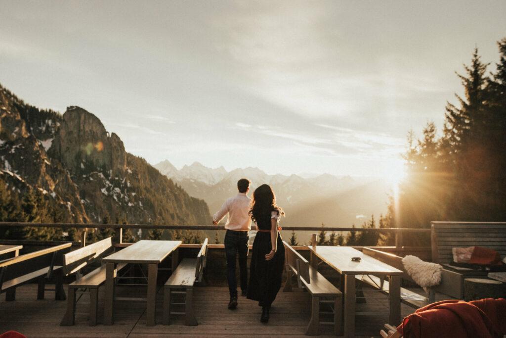 couple overlooking the german alps in the allgäu. Romantic atmosphere