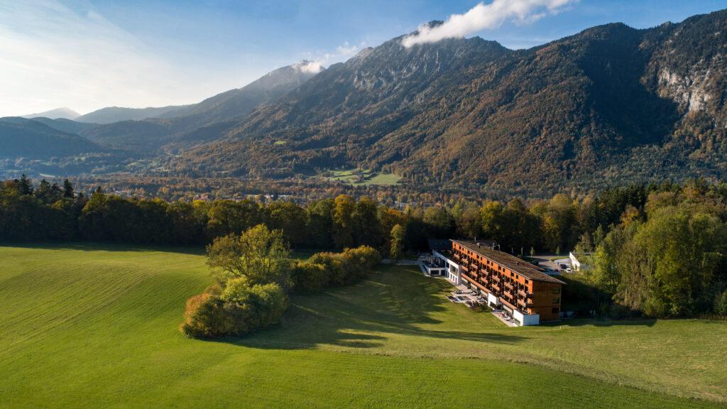 Klosterhof, sustainable wellness hotel: Drone shot of the hotel complex + exterior view