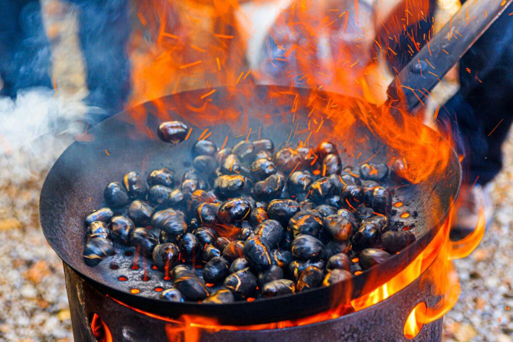 Chestnuts roasting on an open fire in South Tyrol