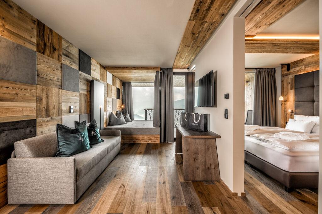 Hotel rooms with wooden furniture.