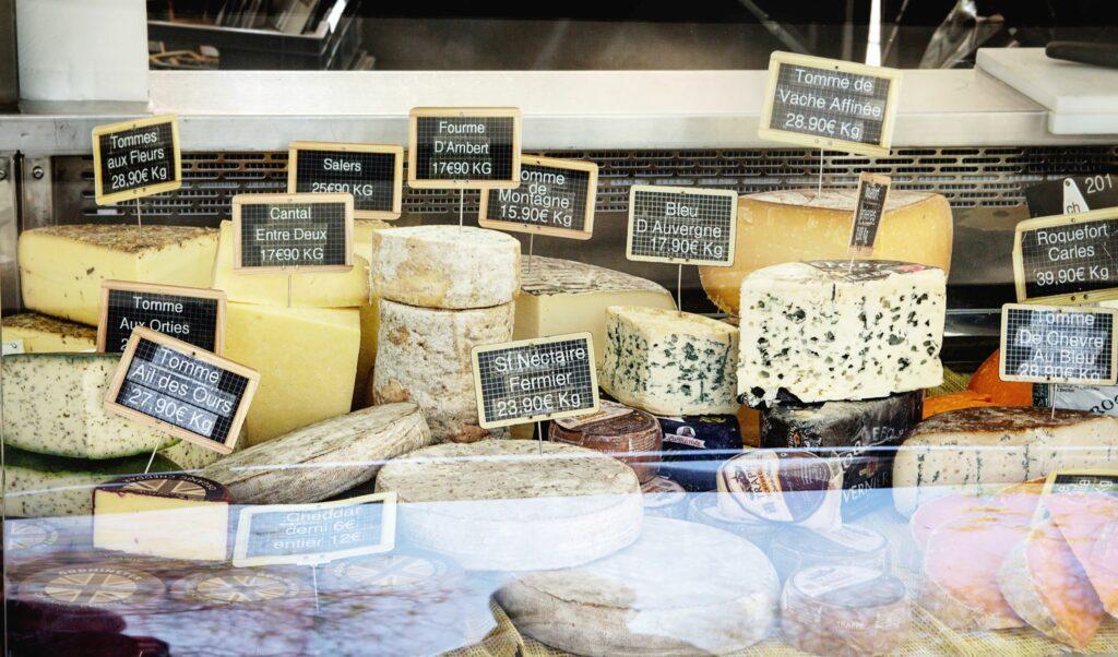 Market stall with cheese in Paris