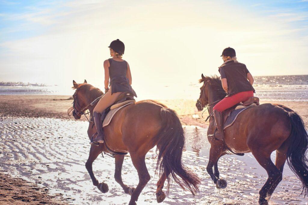 Two women riding horses on the beach in the sunshine