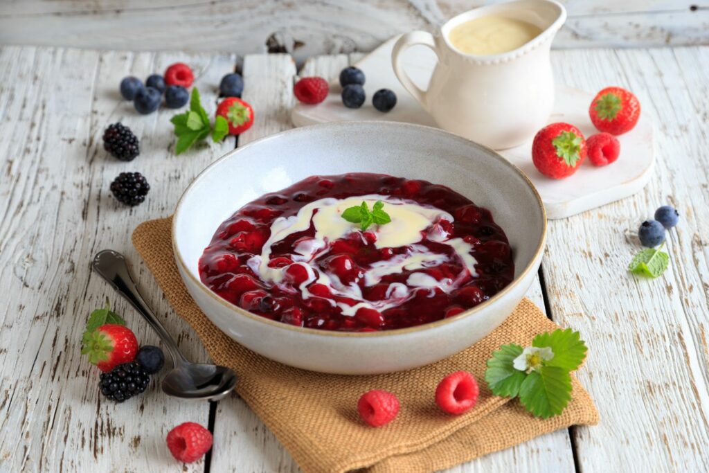 Red fruit jelly with vanilla sauce