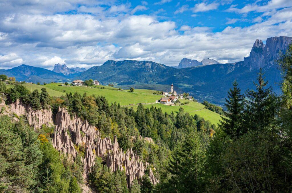 Panoramic view from Ritten in South Tyrol. Beautiful landscape in summer.