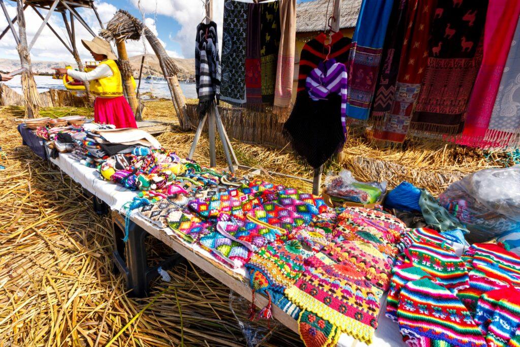 Colorful handmade crafts On Titicaca Lake
