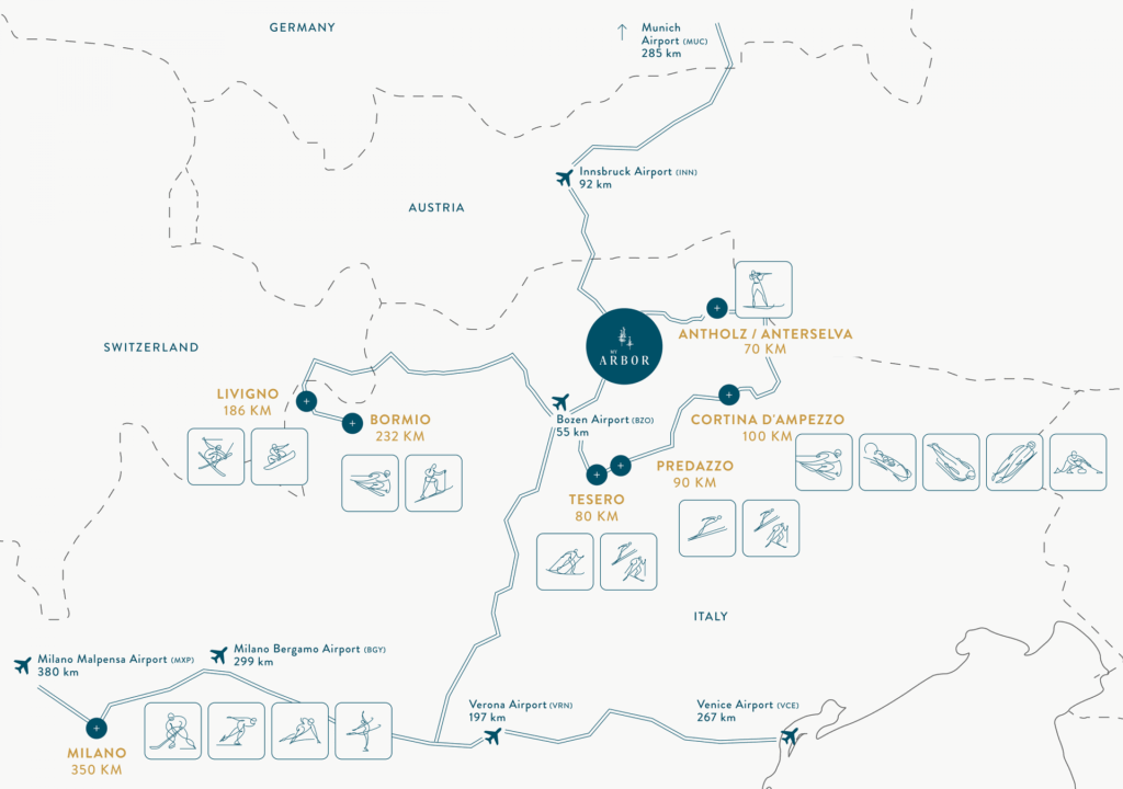 Map of the venues for the 2026 Winter Olympics — Distances from the My Arbor Hotel in Brixen