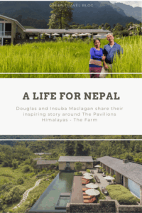 A couple stands in lush green fields with the Himalayan mountains behind them, conveying serenity. Below, an aerial view of the luxurious resort Pavilions Himalayas – The Farm with pool, nestled in nature.