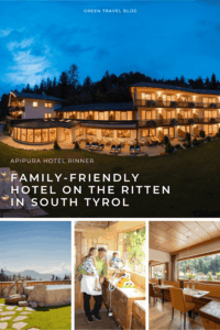 Night view of the cozy, well-lit APIPURA hotel rinner surrounded by trees; below are images of a scenic outdoor spa, a family inside, and a dining area with large windows. Keywords: hotel, family-friendly, nature.