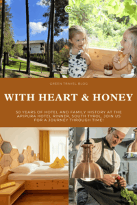 Collage promoting APIPURA hotel rinner. Top left shows the hotel among trees. Top right has two smiling children with honey. Bottom left features a cozy hotel room with honeycomb decor. Bottom right depicts a chef preparing food. Warm, inviting tone.