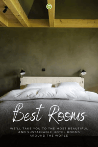 Cozy hotel room with a minimalist design, featuring a wooden bed under a wooden beam ceiling. Text overlay: "Best Rooms" highlighting beauty and sustainability.