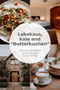 A collage featuring a vibrant salad, cozy bedroom, rustic brick building, and coffee with cake at the Hotel Okelmann's. Text: "Labskaus, kale and 'Butterkuchen'. Join us on a culinary journey through Lower Saxony." Mood: inviting.