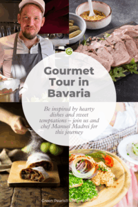 Collage of gourmet Bavarian dishes and a smiling chef Manuel Madrei from sustainable Gut Sonnenhausen. Text reads, "Gourmet Tour in Bavaria." Invites with lush foods and culinary adventure.