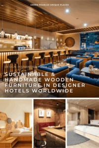 Elegant hotel interiors showcasing sustainable, handmade wooden furniture. Features the stylish bar of the Klosterhof – Alpine Hideaway & Spa in Bavaria and cozy, modern rooms with warm lighting in the Naturhotel Outside (Austria), APIPURA hotel rinner, and OLM Nature Escape (both South Tyrol).
