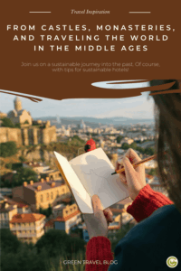 A person sketching in a notebook, overlooking a medieval cityscape with a castle. Text above reads, "From castles, monasteries, and traveling the world in the middle ages." The scene evokes adventure and nostalgia.