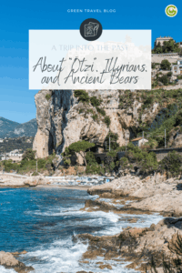 Coastal scene with rocky cliffs (where caves are located that had been home for Neanderthals) and lush greenery under a clear blue sky. Waves crash gently against the shore. Text overlay reads “A Trip into the Past: About ‘Ötzi’, Illyrians, and Ancient Bears.”