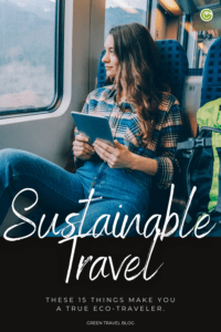 Young woman on a train gazing out the window, holding a tablet. She appears content. Text overlay reads "Sustainable Travel" with eco-friendly tips.