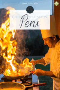 A chef in a white uniform flambés food in a pan, creating large flames. The setting is outdoors at dusk, conveying excitement and culinary skill. Text reads "Culinary Journey in Peru."