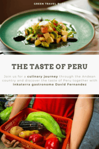 Top image shows a vibrant Peruvian salad on a green plate, colorful and fresh. Bottom image features hands holding a basket of diverse vegetables. Text: 'The Taste of Peru' and details about a culinary journey led by a gastronome.