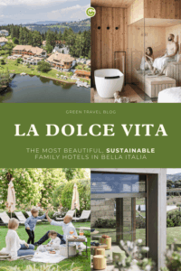 A collage of serene and sustainable Italian family hotel scenes featuring waterfront views, a modern wooden spa, a family picnic, and scenic architecture under the text "La Dolce Vita."