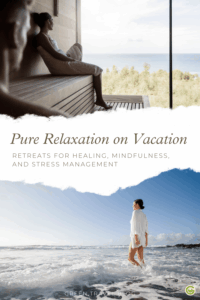 A serene image split in half: top shows a person relaxing in a sauna of the ADLER Spa Resort SCILIA, gazing at the ocean; bottom depicts a person walking along a sunny beach near the OCÉANO Health Spa Hotel. Text reads "Pure Relaxation on Vacation."