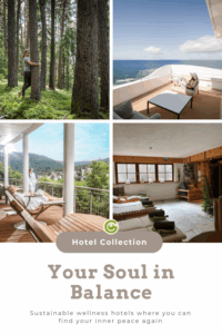 Collage of serene images: woman hugging tree, ocean view patio, spa with lounge chairs, and woman on a balcony. Text: "Your Soul in Balance."
