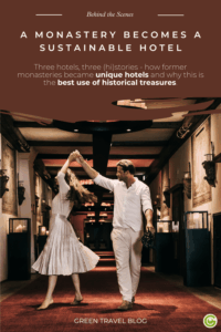 A couple dances joyfully in a warmly lit, elegant hallway of the sustainable Hotel Klosterbräu, symbolizing the transformation of monasteries into sustainable hotels. Text overlay reads: "A Monastery Becomes a Sustainable Hotel."