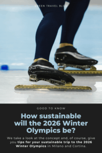 Close-up of a speed skater's legs in motion on ice, wearing dark blue tights and black skates. Text overlay discusses sustainability at the 2026 Winter Olympics.