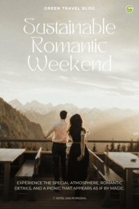 Couple running to the edge of a balcony, gazing at a mountainous sunset, conveying romance and tranquility. Text reads: "Sustainable Romantic Weekend at Hotel Das Rübezahl in Bavaria"