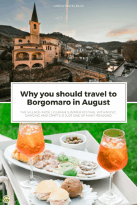 Sunset view of Borgomaro, Italy, with historic buildings and a bridge. Below, an aperitif with assorted snacks and two Aperol spritzes on a tray in the sustainable hotel Relais del Maro.