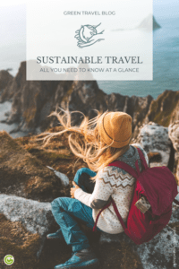 The picture shows a young woman sitting on a rock in Norway. She wears red backpack, jeans and yellow beanie