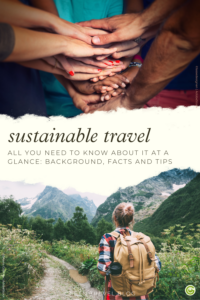 Pinterest pin shows several hands on top of each other above; including a young woman with backpack in the mountains