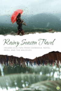 A person with a red umbrella walks in rain, visible through a window with droplets. Text reads "Rainy Season Travel" with eco-tips from various countries.