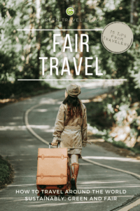 The pin shows a young woman walking down a winding street with a suitcase. Fair travel is the headline and the subtitle refers to 15 tips for sustainable travel