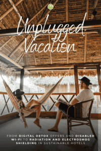 Two people relaxing in a cabin of Inkaterra Reserva Amazonica in Peru. One lounges in a hammock, and the other sits in a chair reading. Text overlay: "Unplugged Vacation."