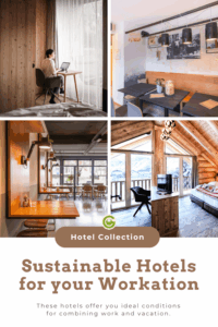 Collage of cozy, eco-friendly workspaces in hotels. Includes a laptop by a window, rustic dining area, warm lounge, and scenic balcony view.