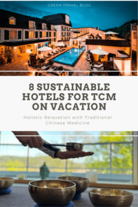 Exterior view of the well-lit Lifestyle Resort Zum Kurfürsten with a pool at dusk, emphasizing luxury and relaxation. Below, hands playing Tibetan singing bowls at the SCHWARZWALD PANORAMA, suggesting calm and meditation. Text: "8 Sustainable Hotels for TCM on Vacation."